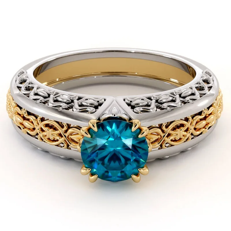 

Unique Two-tone Gold Plating Hollow Engarving Pattern Inlaid Blue Crystal Rhinestone Female Ring for Women Party Jewelry