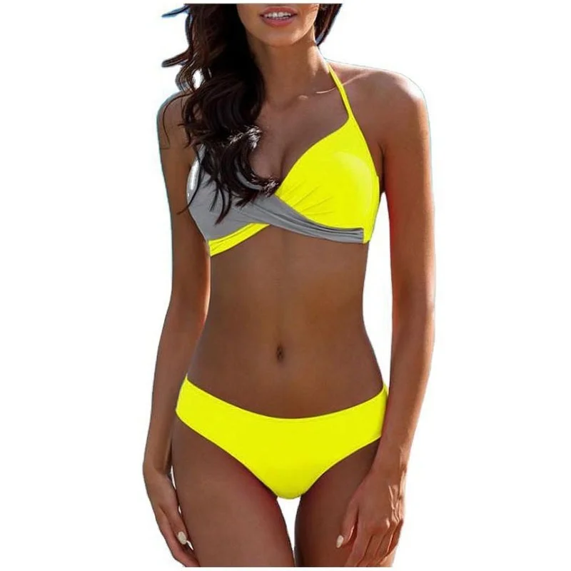 

2021 Europe and The United States New Sexy Back High Elasticity Pure and Fresh Pigment Color Spell Color Split Bikini Swimsuit