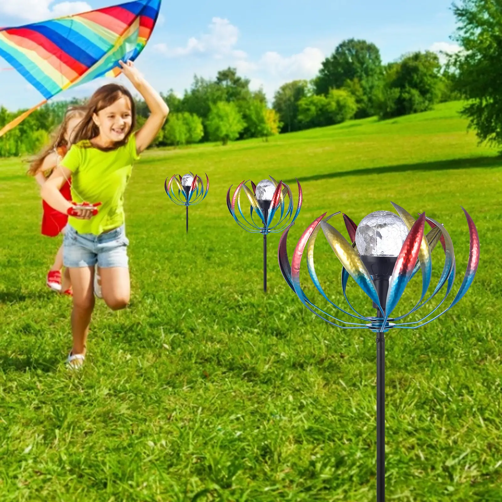Beli Taman Surya Angin Pemintal Kincir Angin Dengan Multi-warna LED Cahaya Malam Untuk Halaman Rumput DIY Perakitan Saham Dekoratif