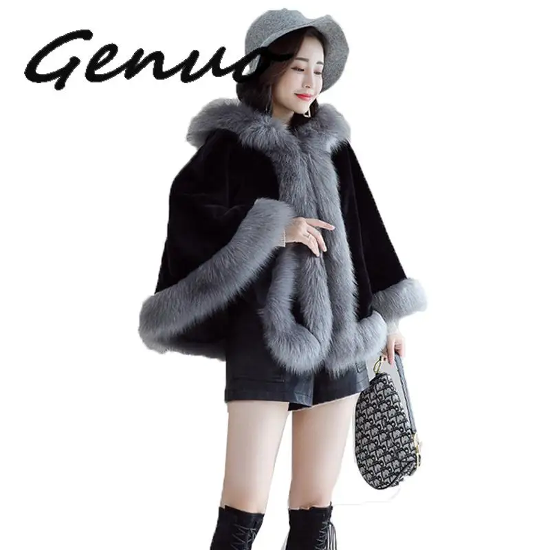 

Genuo Winter Women Big Fur Collar Hooded Shawl Elegant Slim Faux Fur Coat Short Hooded Ponchos Cloak Outwear Casaco Feminino