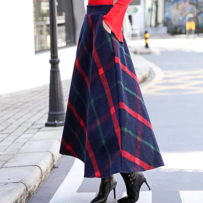 Юбка Женская Длинная с высокой талией элегантная офисная теплая клетчатая юбка