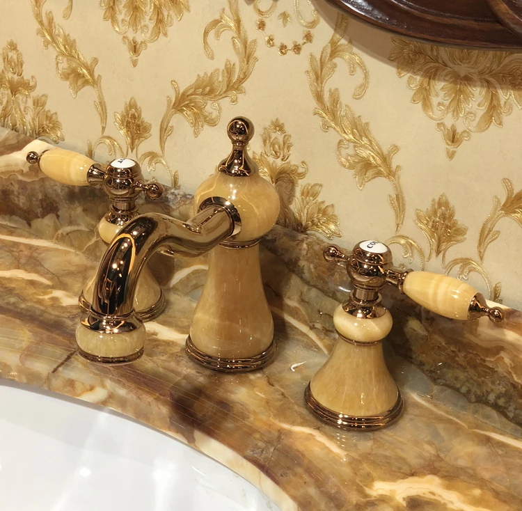 

Gold clour 8 inch widespread 3 pieces bathroom Lavatory Sink faucet Mixer tap Free ship yellow stone faucet