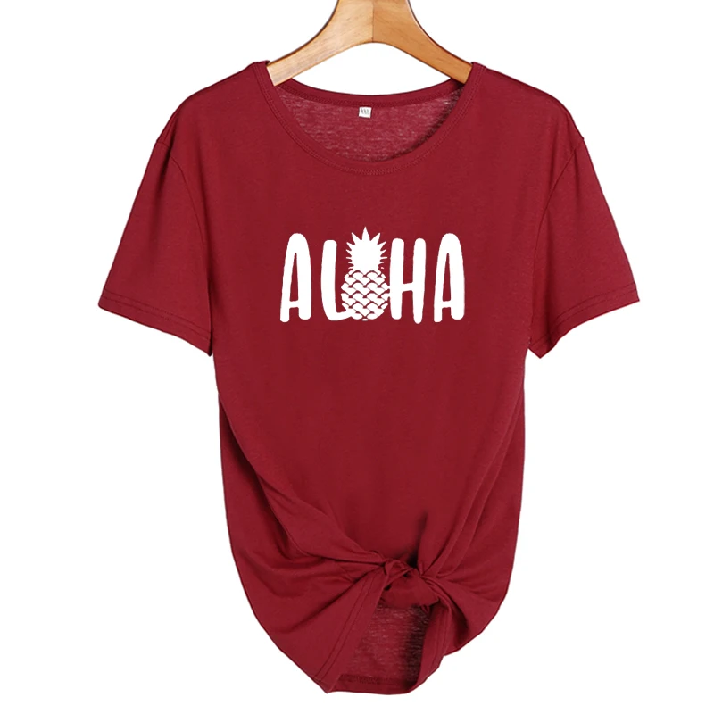 Надпись "Алоха Гавайи" Harajuku tumblr футболка летние хлопковые топы женские футболки с принтом ананаса каникулы Графические футболки черные белые футболки - Цвет: wine red-white