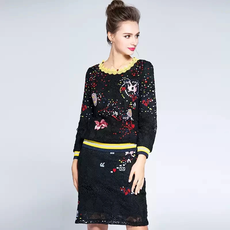 L~ 4XL 5XL осенне-зимний комплект из 2 предметов, вязаная юбка, цветочный кружевной вышитый женский наряд, свитер с длинным рукавом, Топы+ юбка 1061 - Цвет: Черный