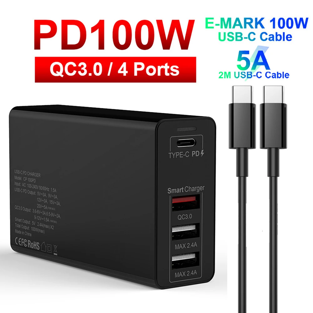 

URVNS 100W USB C PD Charger Type C USB 4 Port Charge Station for Samsung iPhone Huawei QC 3.0 Quick Wall Charger Power Adapter