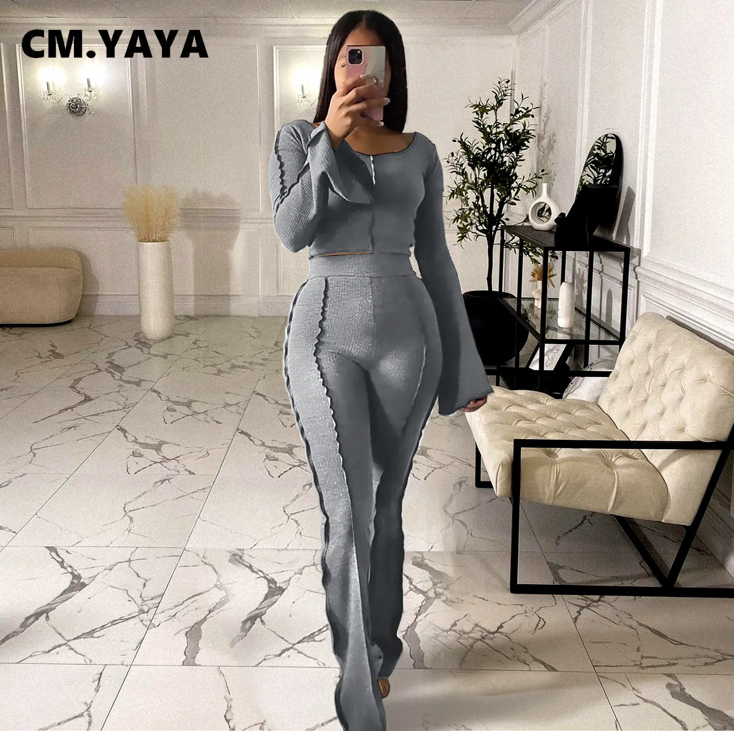 

Женский костюм в рубчик CM.YAYA, расклешенный свитер с длинным рукавом и широкие брюки, костюм из двух предметов, спортивный костюм для фитнеса