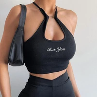 y2k letter printed ribbed halter camisole techwear short top sleeveless women black casual crop top e gril rave fashion camis