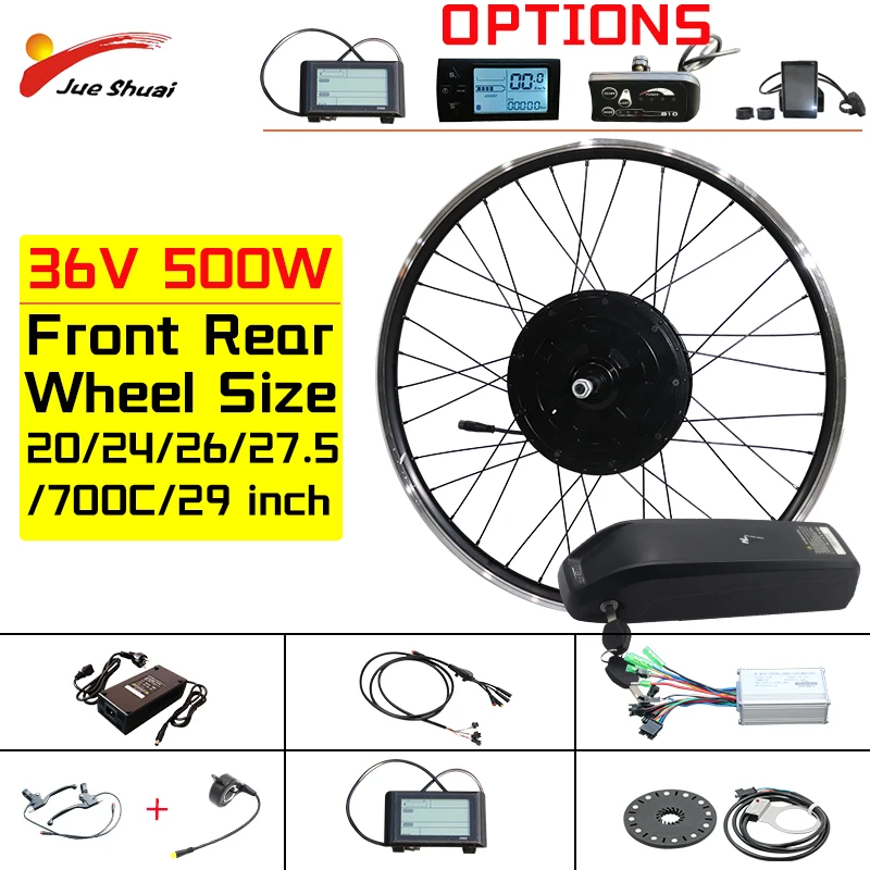 Preise Jueshuai Ebike Conversion Kit 36V500W Hub Motor Electric Bike Conversion Mit 21AH Batterie 20/24/26/27.5/700c Vorne Hinten Rad