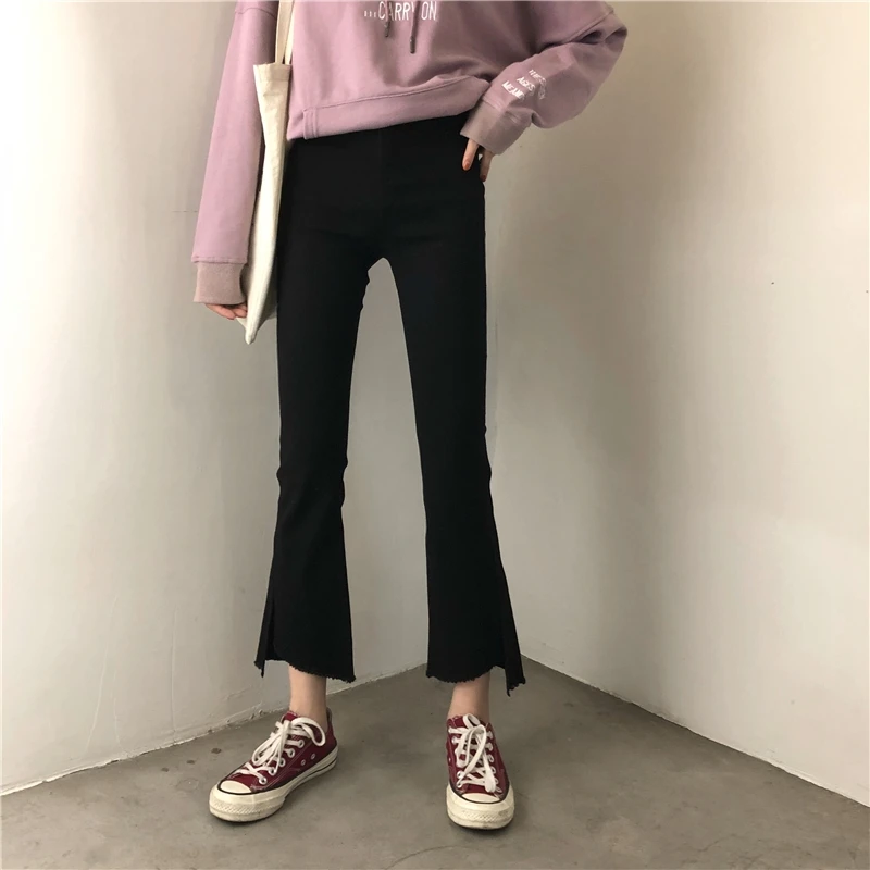 

DD0330 The new high-waisted slim stretch all-match flared trousers cropped jeans with ripped edges