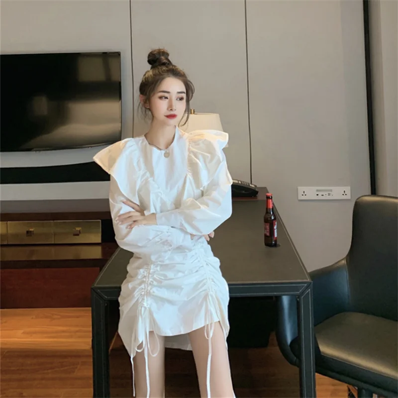 

Новинка, весеннее мини-платье RUGOD в стиле ретро с оборками, женское милое плиссированное платье с длинным рукавом-фонариком, модные женские ...