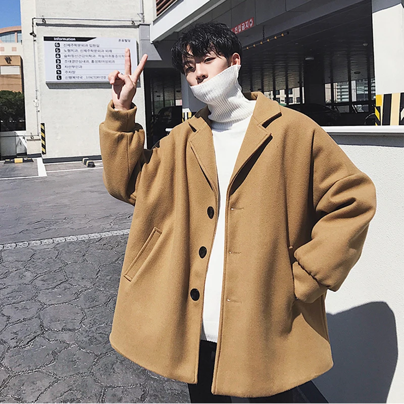 2019 Winter Woolen Coat Men Loose Wild Korean Fashion Windbreaker Men's Overcoat Long Wool Black / Khaki/ Blue M-XXL | Мужская
