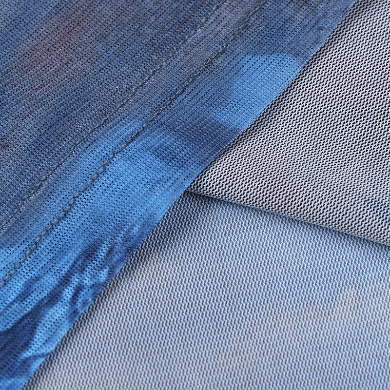 

Duena Print Mini Dress Blue High Neck Sexy Mesh Transparent Sheath Short Sleeve See Through Women Dress Autumn