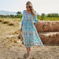 summer floral dress women 2021 new fashion plus size v neck midi boho dress holiday beach dress femme robe blue cotton sundress