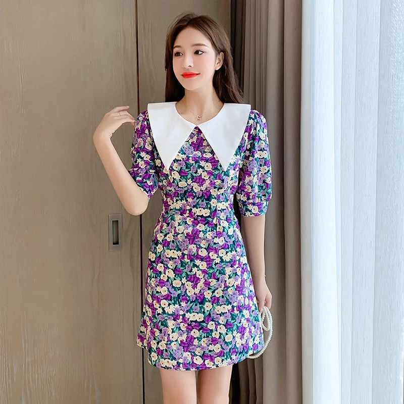 Фиолетовое Цветочное платье для женщин лето 2020 корейское Ретро французское с