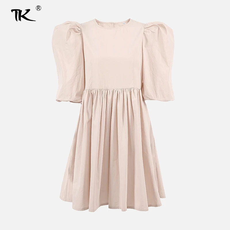 

100% Cotton Green Dress Women O-Neck Casual Lantern Short Sleeve Solid Pink Mini Dresses Summer Woman 2021 Elegant A-Line Robe