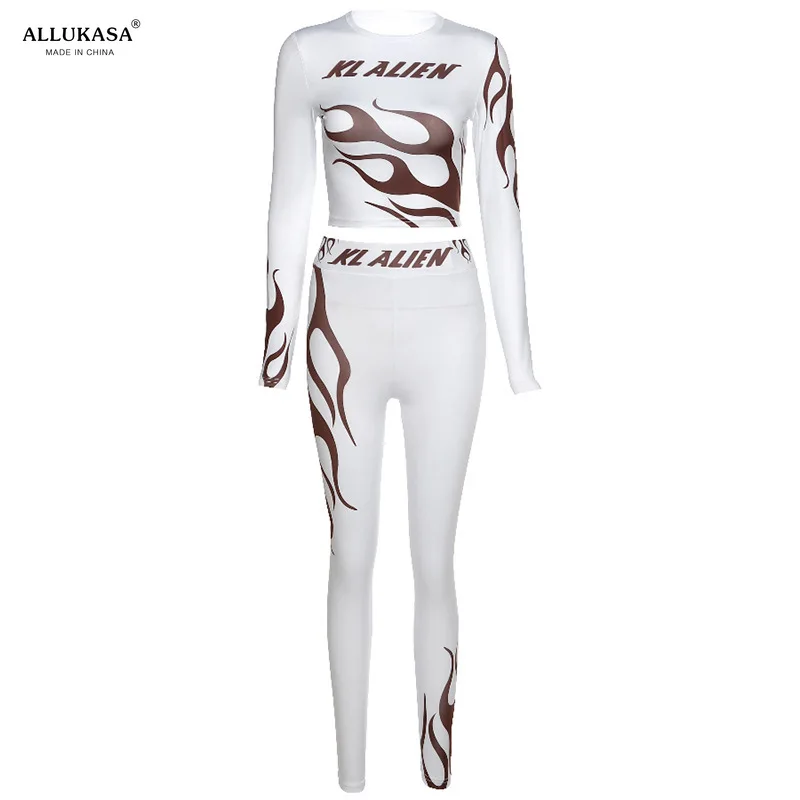 

Flame Tracksuits Letter Print Stretchy Two Piece Sets Women Fall Crop 2020 Tops+Leggings Matching Workout Female Sportswear