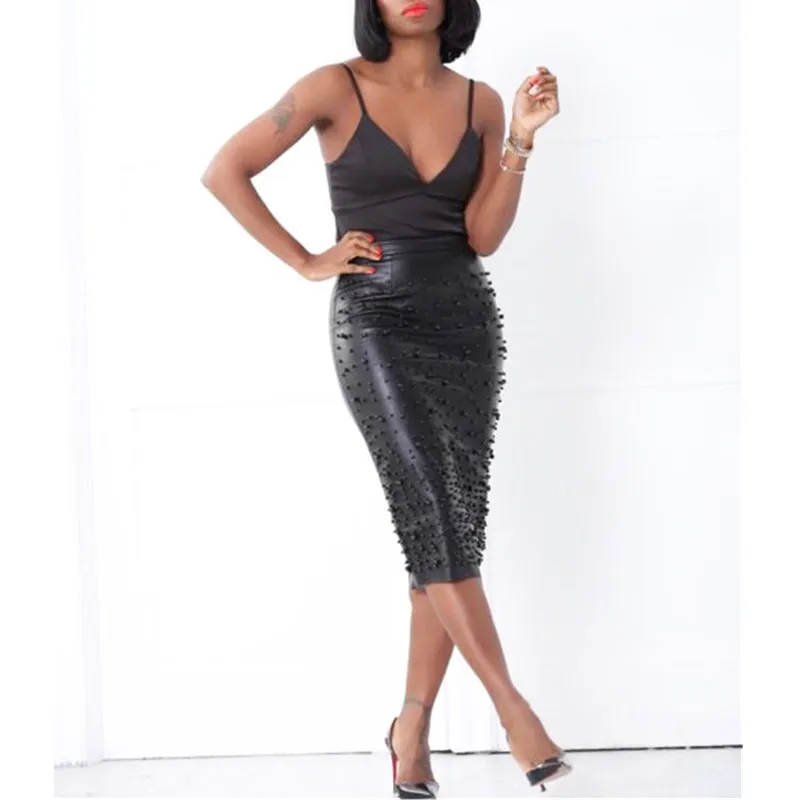 Юбка женская из искусственной кожи с высокой талией бусинами эластичная черная