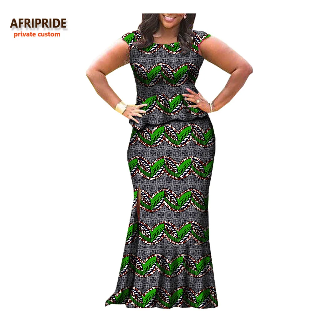 Afripride, 2 предмета, юбка, костюм, Африканский принт, без рукавов, топ+ Длина по щиколотку, юбка с Боковым Разрезом, Женский Повседневный хлопковый костюм, A722655 - Цвет: 541J