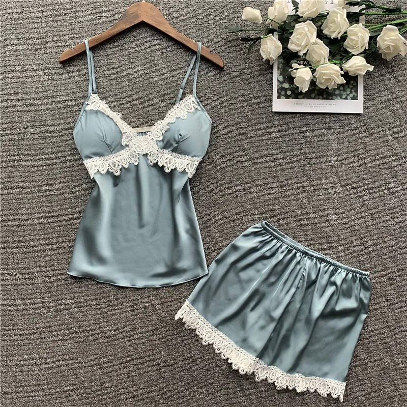 Кружевной сексуальный пижамный комплект Атласный Женский камзол шорты из 2