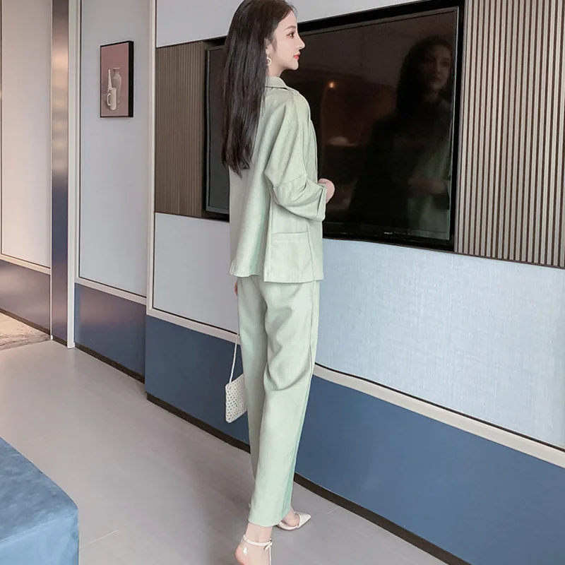 

21 Spring Leisure blazer + pant two peice set women double breasted suit jacket high waist pants long-sleeve pant suits