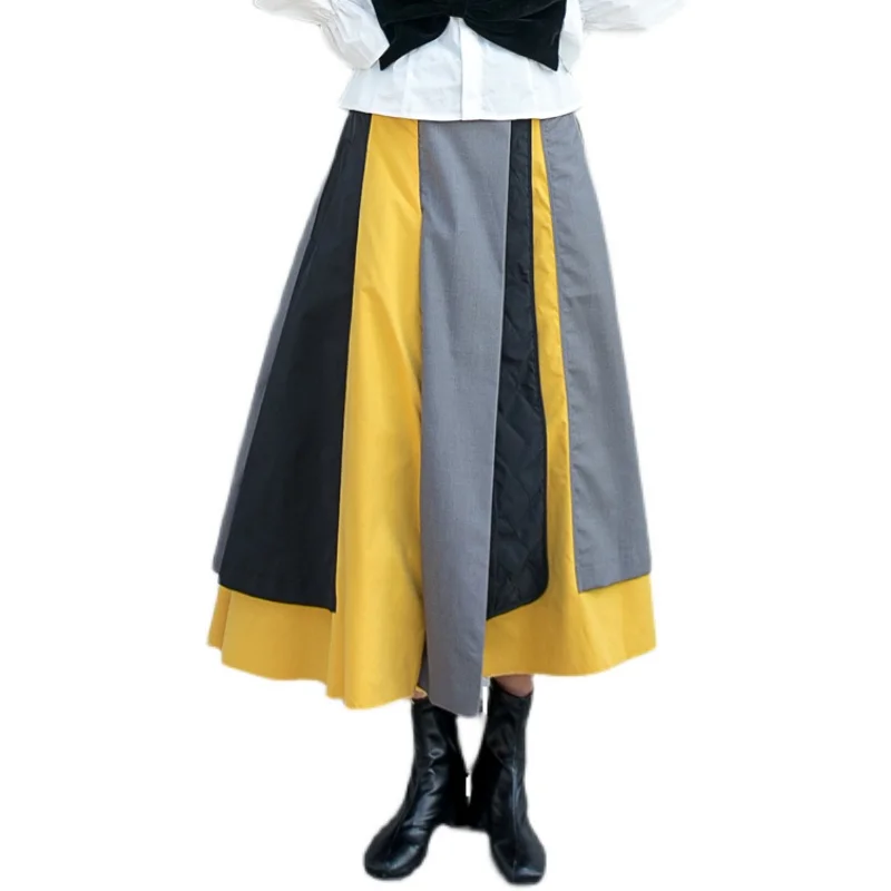 

IEQJ Skirt Womens Patchwork Hit Color A-line Office Lady Loose Designed Mid-calf Length 2021 New Spring Autumn Fashion XA119