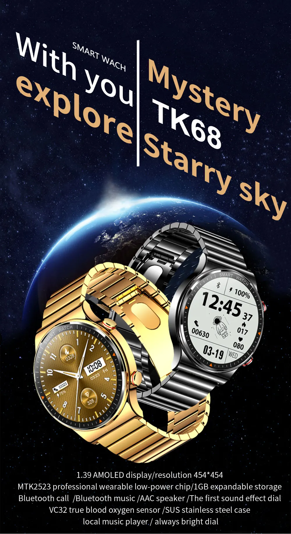 Смарт-часы AMOLED TK68 мужские 454*454 HD экран 1 39 дюйма Bluetooth IP68 пульсометр | Электроника