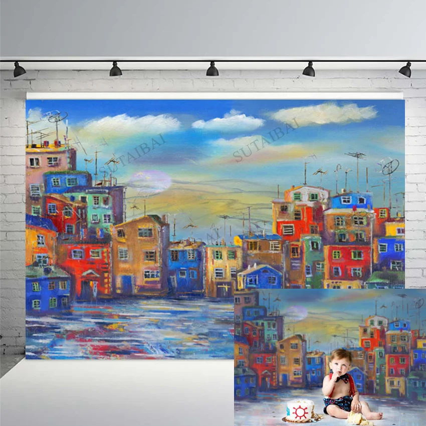 

Фон для студийной фотосъемки с изображением розовых воздушных шаров акварельных городов зданий магазинов улиц дней рождения портретов