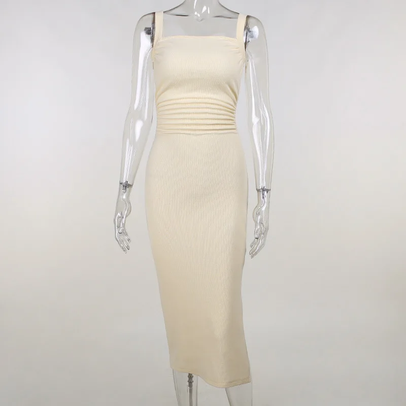 

2021 New Arrivals Summer Fashion Knitted Sleeveless Split Black Apricot Solid Backless Bodycon Sexy Night Club Women Dress