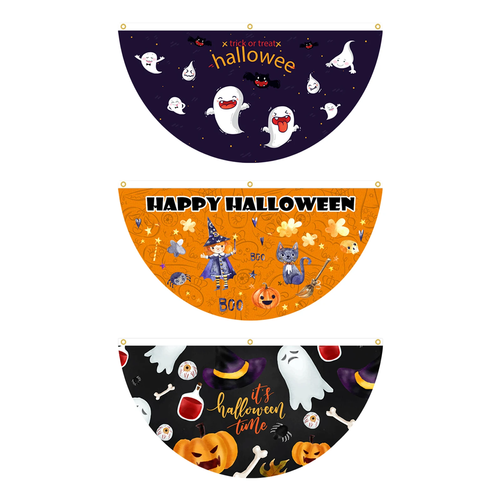 

3PC Halloween Fan-shaped Flag Witch Pumpkin Black Cat Ghost Decoration Banner Outdoor Yard Halloween Party Decoration Flag