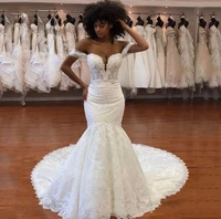 african off the shoulder lace mermaid wedding dress appliqued bridal gowns sweep train corset back lace plus size bride dresses