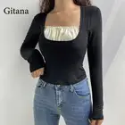 Тонкая футболка Gitana Y2K в стиле пэчворк с длинными рукавами, повседневные женские футболки в стиле ретро с квадратным воротником, осенняя сказочная одежда в стиле гранж, 2022