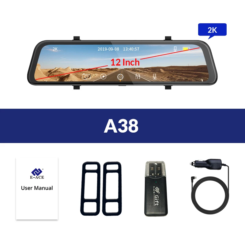 E-ACE A38 Автомобильный видеорегистратор 1" Сенсорное зеркало заднего вида 2K Dashcam с камерой заднего вида FHD 1080P Автомобильная камера с двумя объективами видео Dvr рекордер