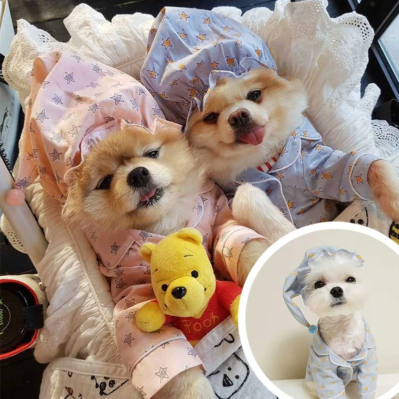 

Dog Clothes for Small Dogs Girl with Hat INS Korean Pink Blue Star Pet Clothes Pajamas for Dogs Cat Yorkie Chihuahua