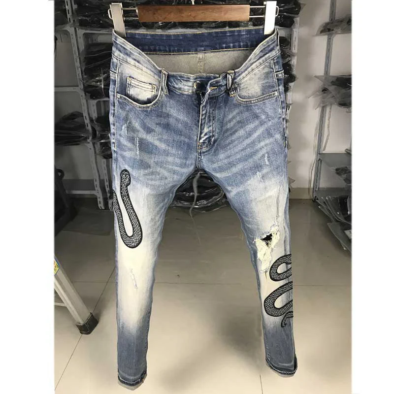 

Fashion Streetwear Men Jeans High Quality Elastic Slim Fit Embroidery Designer Ripped Denim Punk Trousers Hip Hop Pencil Pants