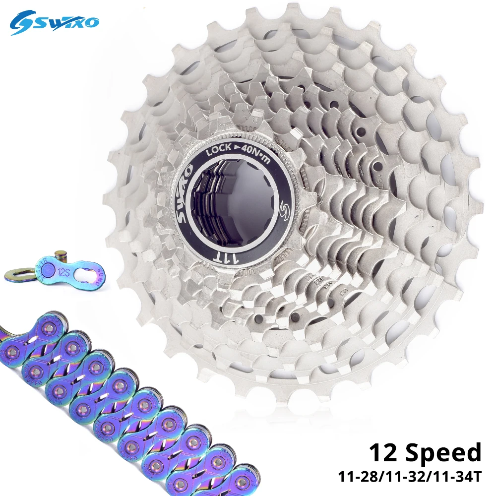 SWTXO UltraLight Road Bike 12 Speed Cassette 11-28/32/34T  Gravel Bike 12 Speed Rainbow K7 12V Spocket SUMC 12SL Chain for HG