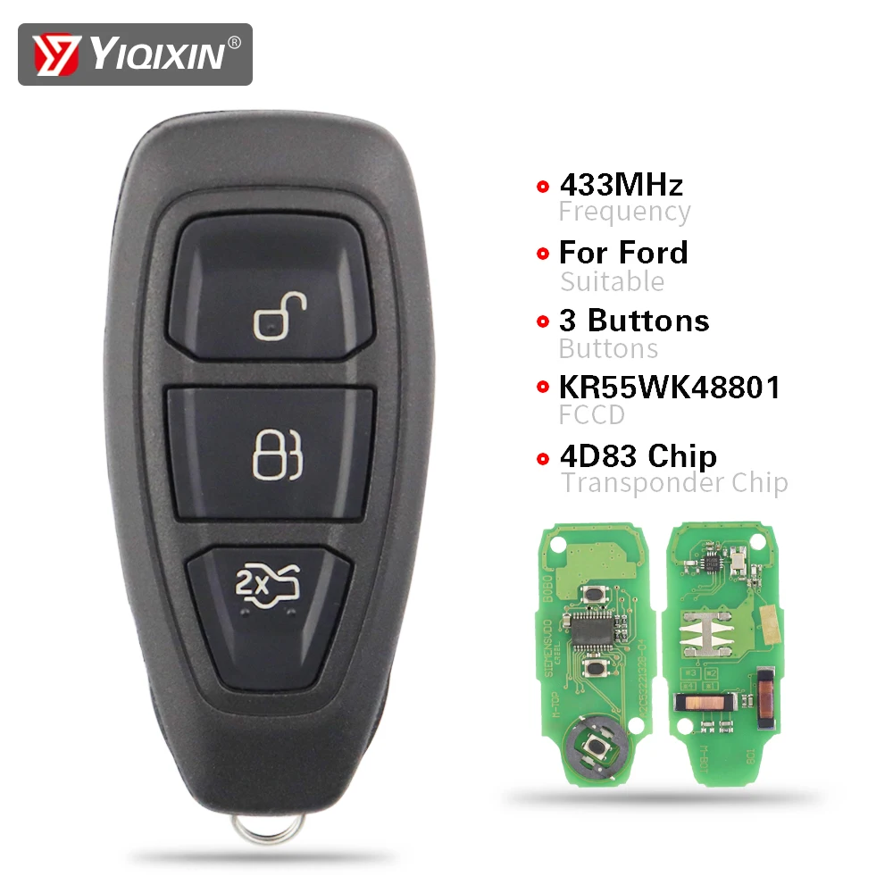 

YIQIXIN Smart Remote Car Key 3 Button For Ford Focus C-Max Mondeo Kuga Fiesta B-Max 2011 2012 2015 4D83 Chip 433MHz KR55WK48801