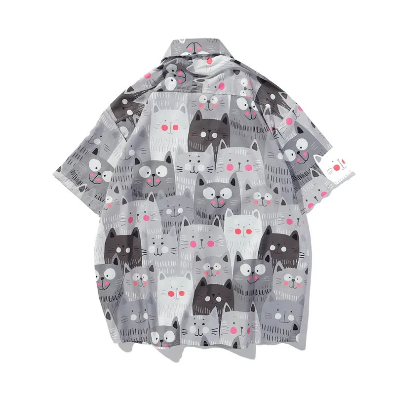 2021 Hawaiian Shirt Mens Multi-Color Cat Print Summer Loose Light Casual Short Sleeve Shirts