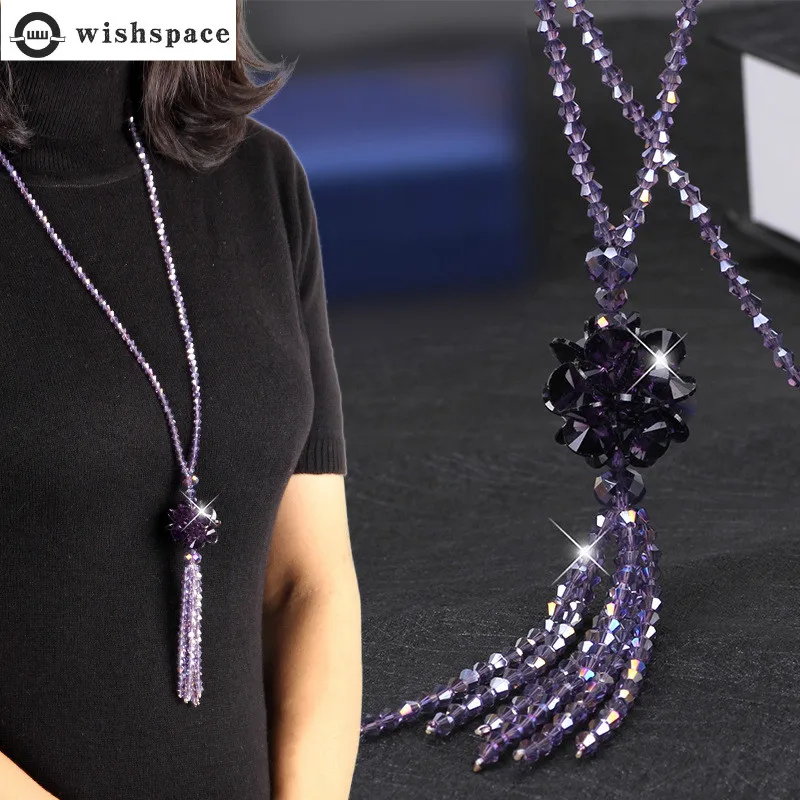 

Wishspace fashionable woman flower color sweater chain tassel crystal pendant necklace, jewelry wholesale girlfriend gifts