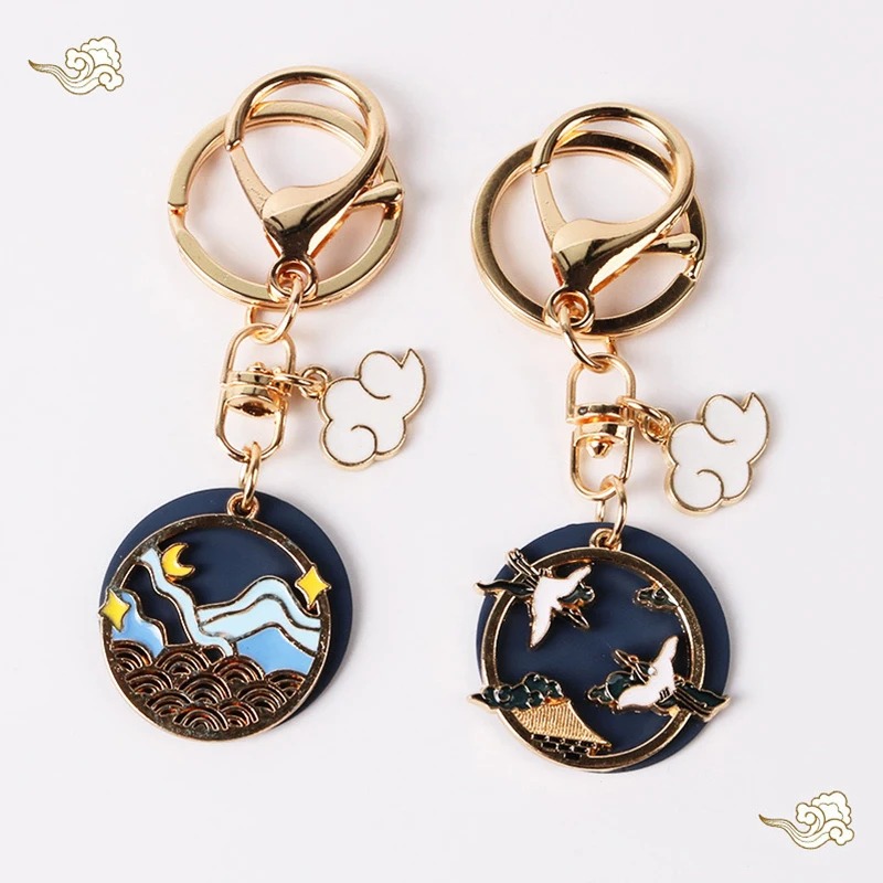 

Key Chain 1 Piece Of Ancient Style Handmade Oil Dripping White Crane Cloud Printing Key Chain Car Bag Key Ring Holder