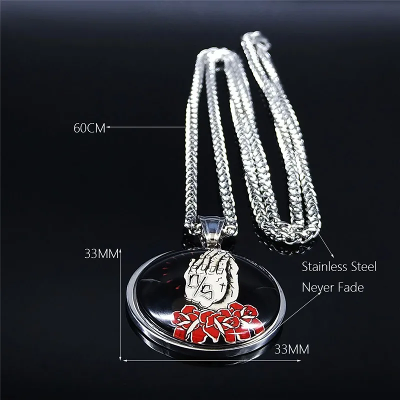 

Jesus Folded Hands Together Stainless Steel Glass Necklace Men Silver Color Long Chain Necklace Jewelry collier homme NXS02
