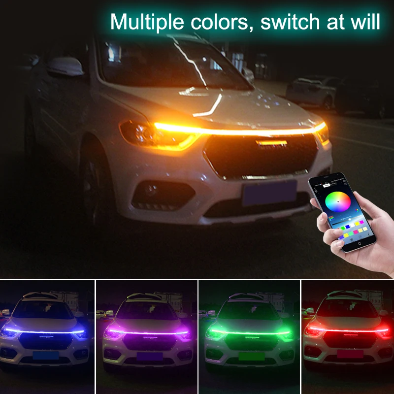 

APP 7colors Waterproof 12V Car LED Headlight Strips White DRL Daytime Running Lights Flexible Soft Tube Hood Car LED Lights