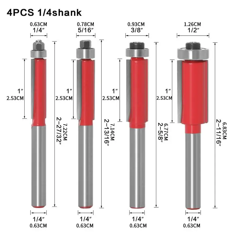 

4Pcs Carpenter Tools Set Flush Trim Bits Bearing Router Bit Set High Quality 1/4 Inch Shank Cutting Carpenter Woodworking Tools