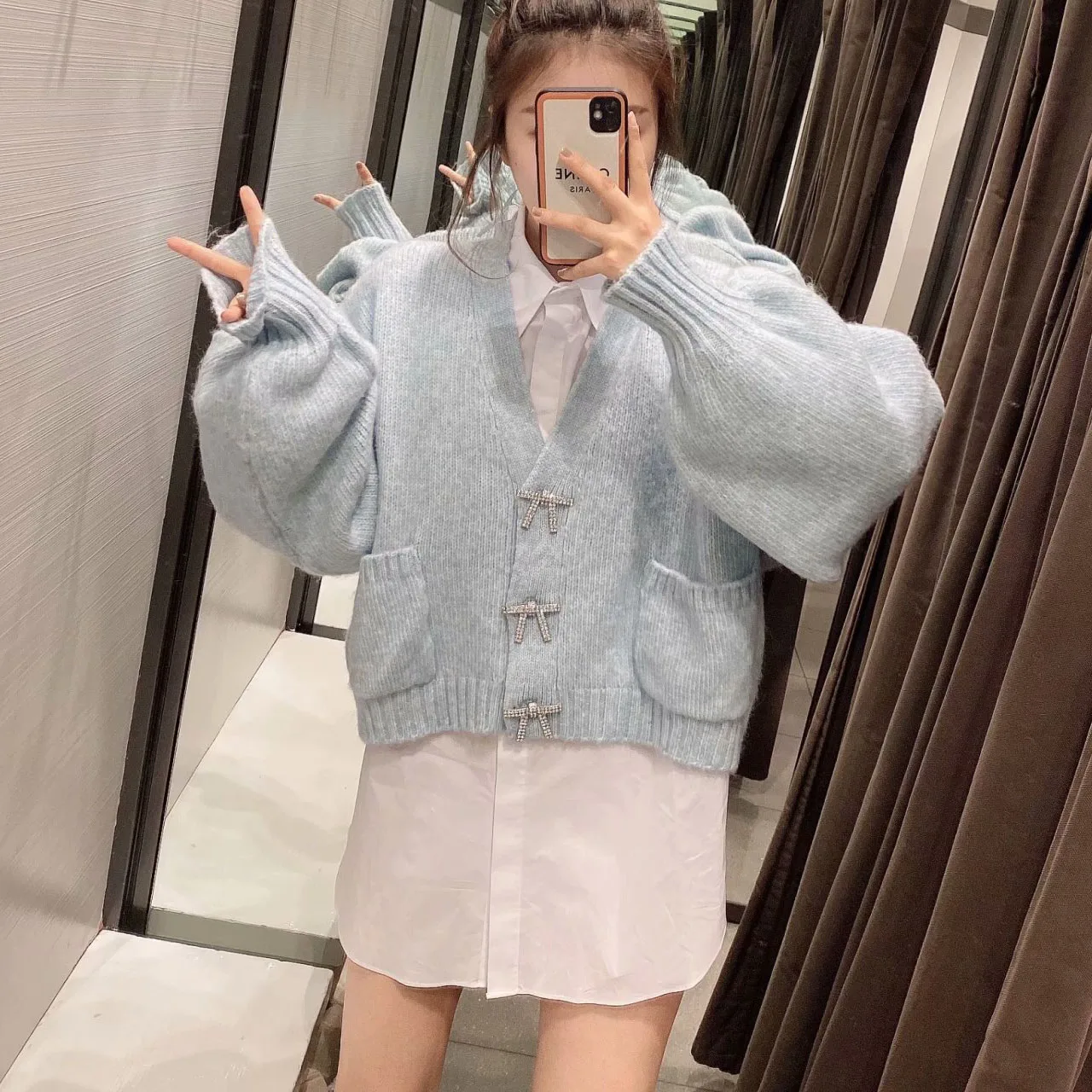 

Женский кардиган с бантом на пуговицах Za, синий Укороченный кардиган с расклешенными рукавами, кардиган с карманами для весны