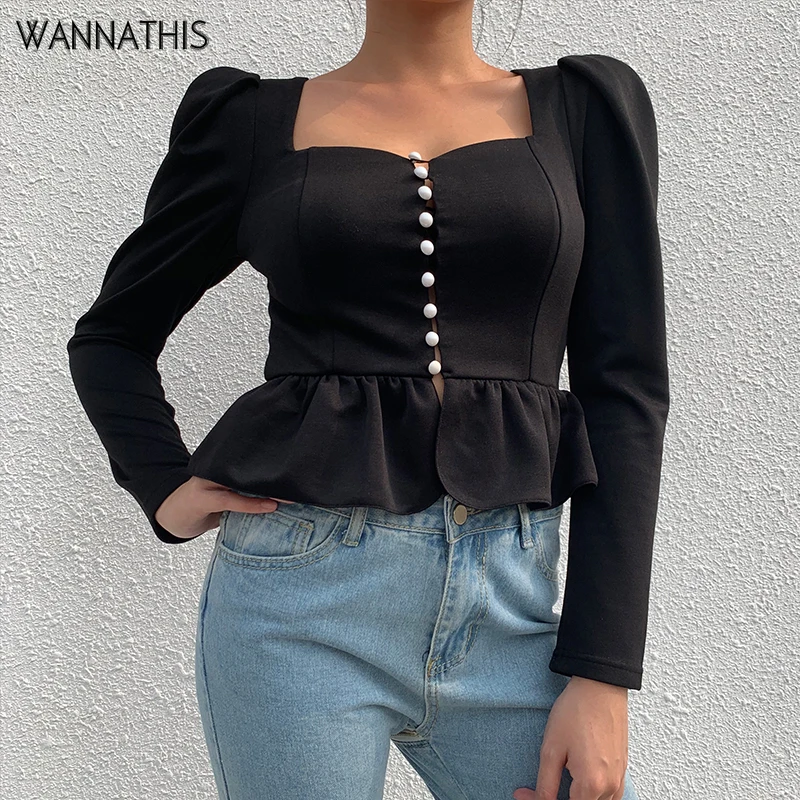 Wannathis топ с пышными рукавами женская блузка черный квадратный воротник спереди пуговица оборки длинный рукав тонкий осенний Элегантный женский укороченный топ