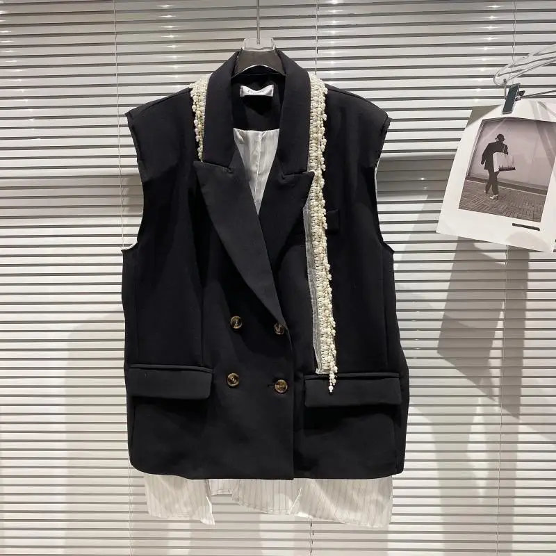

2021 Women's Spring New British Style Solid Color Pockets Pearl Bead Stitching Waistcoat Double Breasted Suit Vest Outer Wear