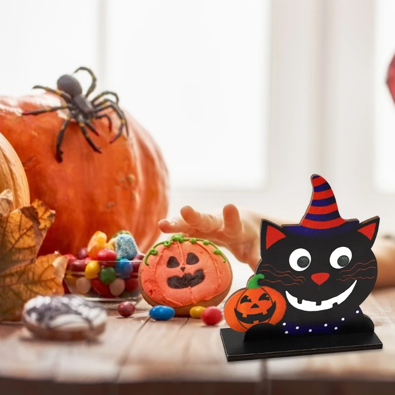 Деревянные настольные украшения в виде тыквы и черной кошки на Хэллоуин