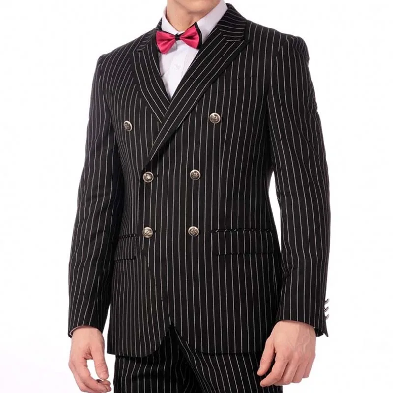 

2022 Side Vent Groomsmen Peak Lapel Groom Tuxedos Black White Stripe Men Suits Wedding Best Man (Jacket+Pants+Tie+Hankerchief)