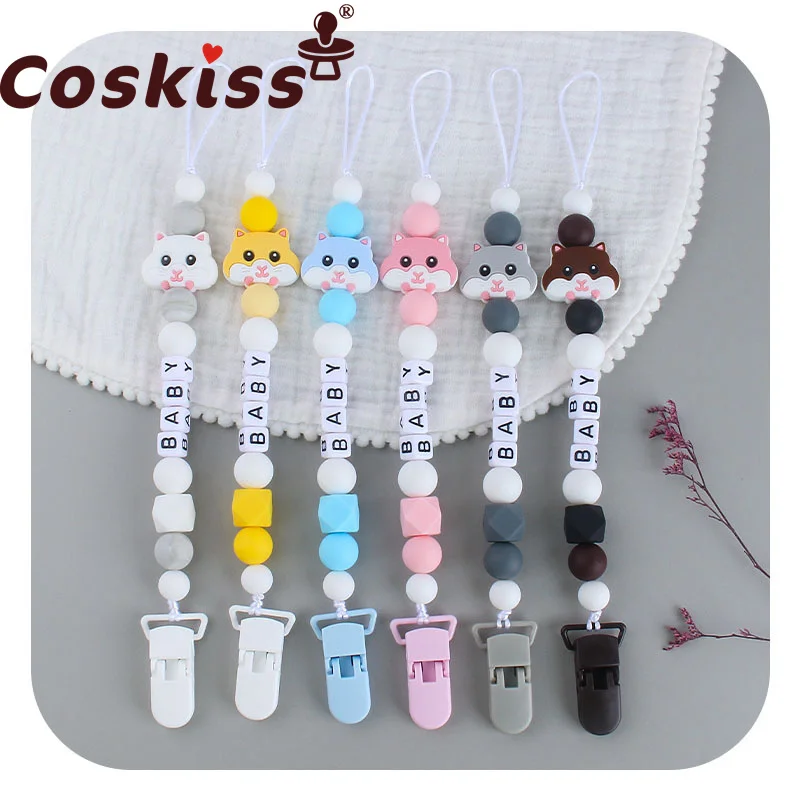 

Coskiss 1pcs Customized Name Infant Baby Pacifier Clips Chain Dummy Nipple Holder Leash Strap Hamster Silicone Beads Teething