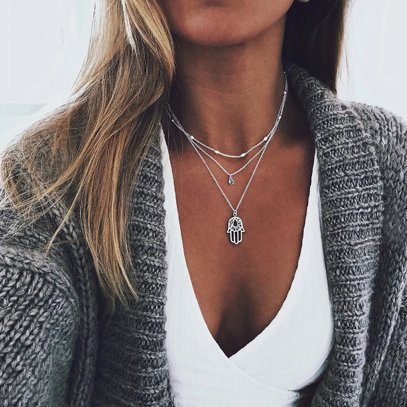 

2020 Bohemian Multilayer Chain Necklace Metal Hand Pendant Silver Color Bead Chain Necklace for Women Men Minimalist Jewelry