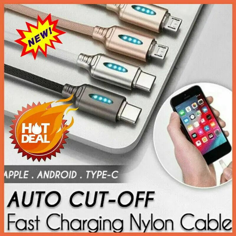 Apple &ampAndroid and Type-C Auto Cut-off Fast Charging Nylon Cable Smart Disconnec Intelligent Data Line | Мобильные телефоны и